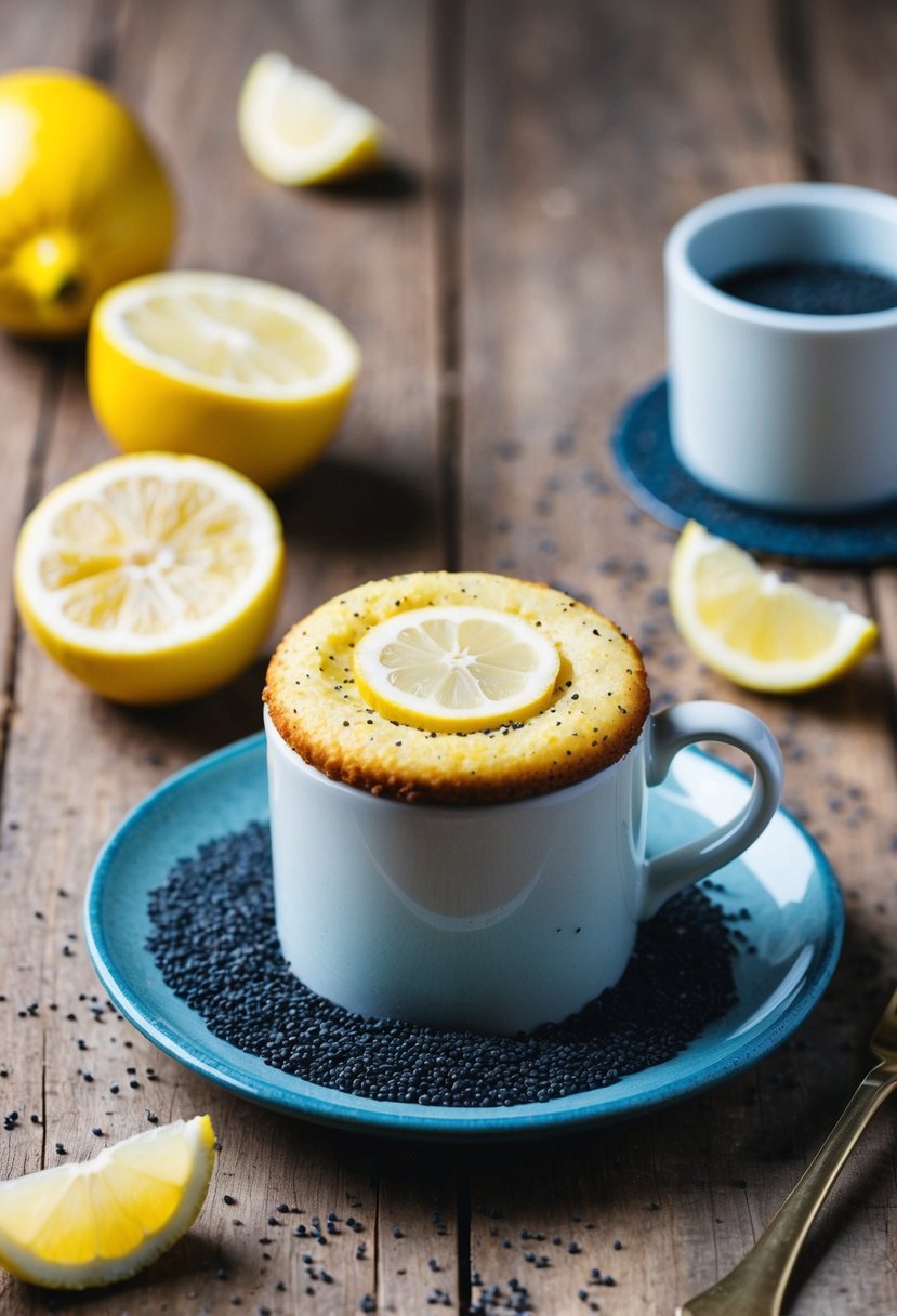 A lemon poppy seed mug cake sits on a rustic wooden table, surrounded by scattered poppy seeds and fresh lemon slices