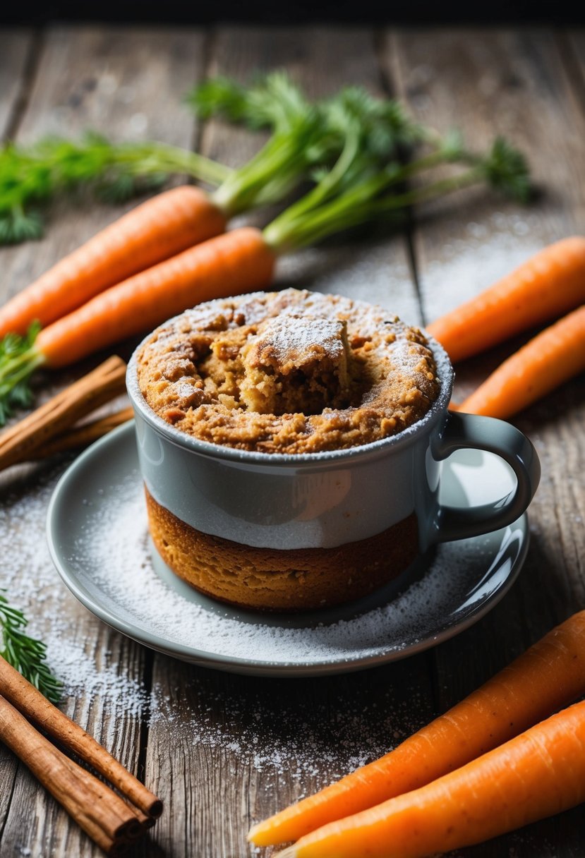 A carrot cake mug cake sits on a rustic wooden table, surrounded by fresh carrots, cinnamon sticks, and a sprinkling of powdered sugar