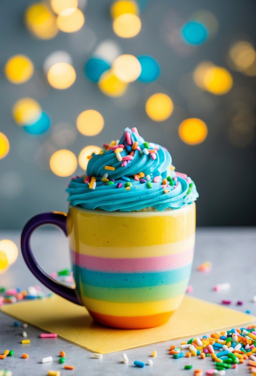 A colorful Funfetti Mug Cake sits on a table with sprinkles scattered around