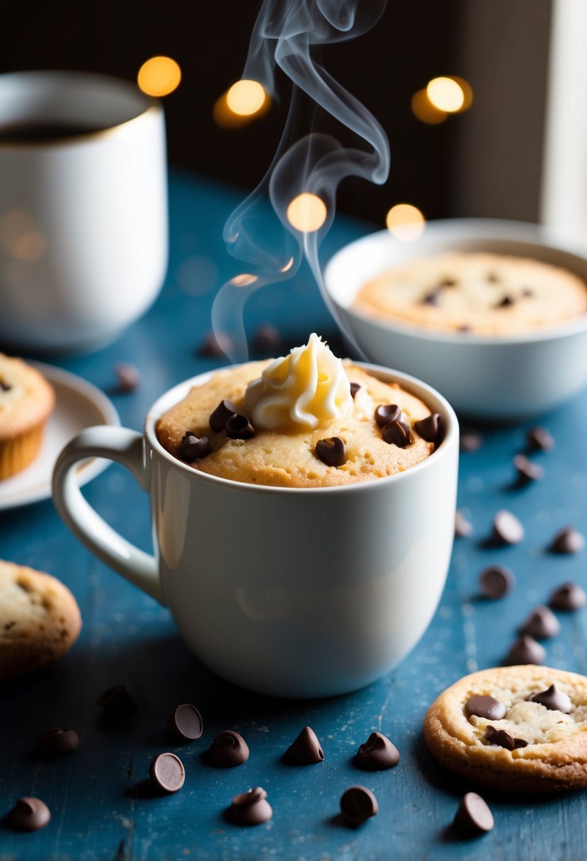 A steaming mug cake sits on a table, surrounded by scattered chocolate chips and a fresh cookie, creating a cozy and inviting scene