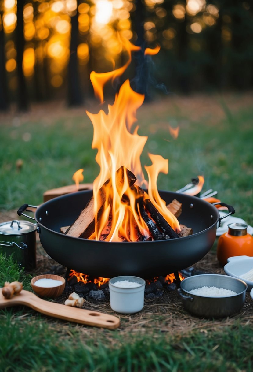 A campfire surrounded by cooking utensils and ingredients for easy camping recipes