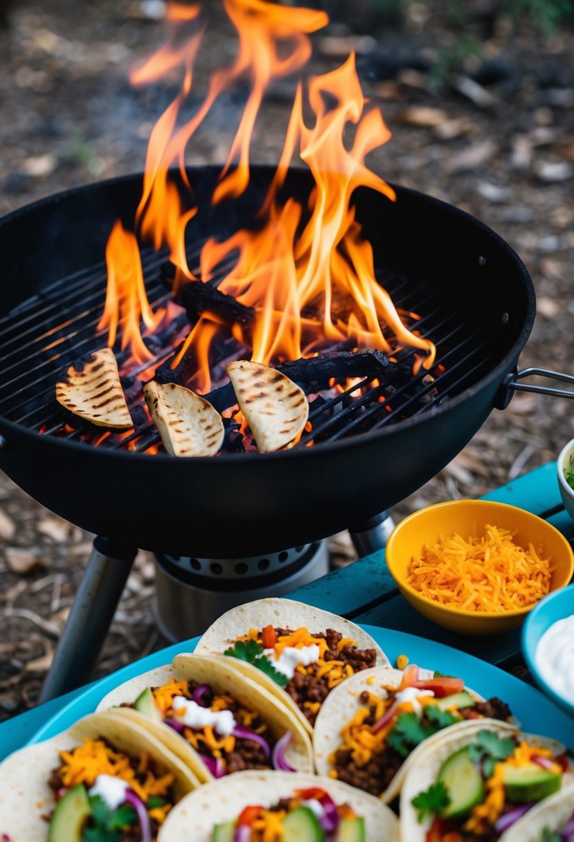 A campfire with a grill over it, cooking tacos with various ingredients and toppings laid out on a nearby table