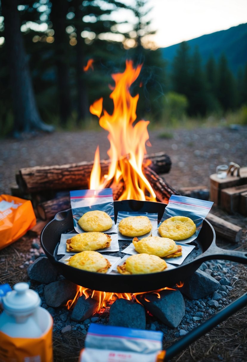 A campfire with a skillet cooking omelets in individual baggies. Surrounding the fire are camping supplies and a scenic outdoor setting