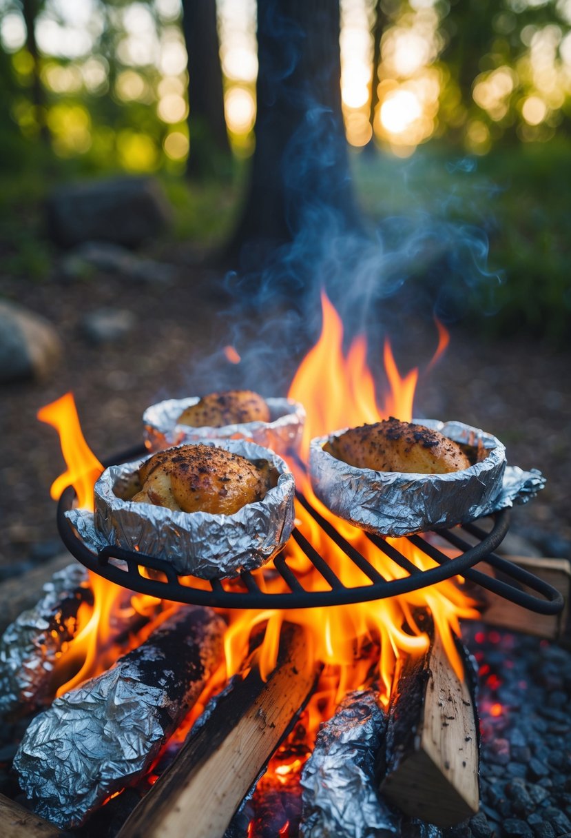 A campfire with foil packets of seasoned chicken cooking on the glowing embers, surrounded by nature