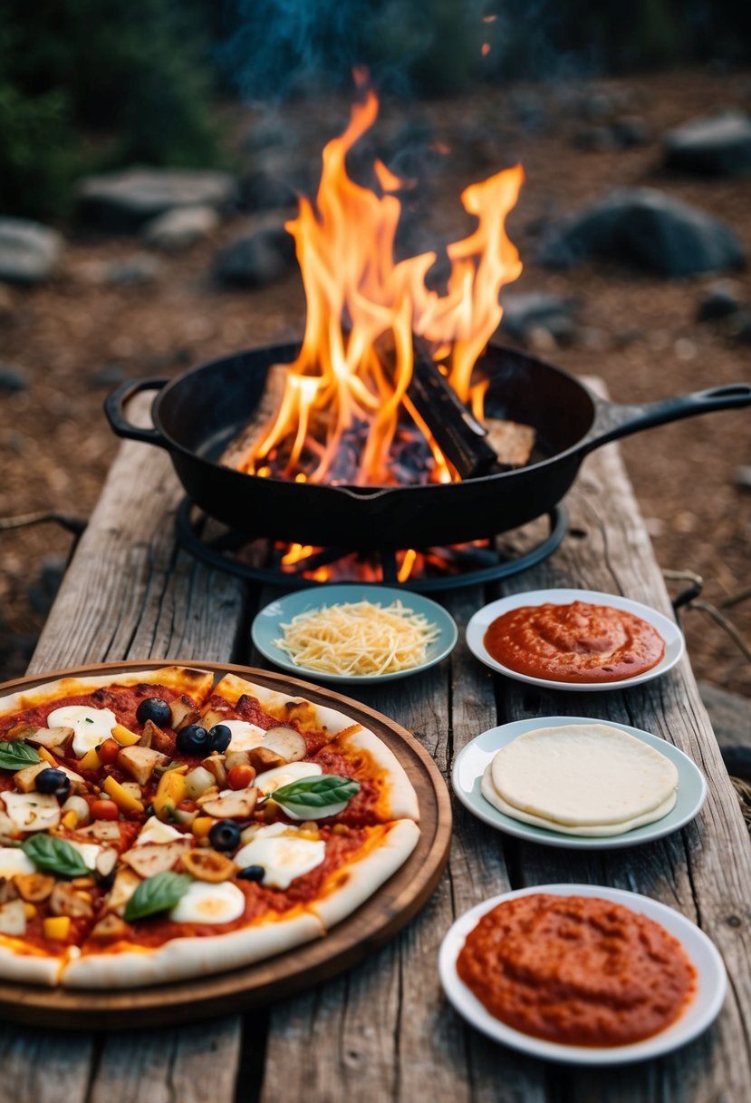 A rustic campfire with a cast iron skillet, pizza dough, sauce, cheese, and various toppings laid out on a wooden table in the wilderness