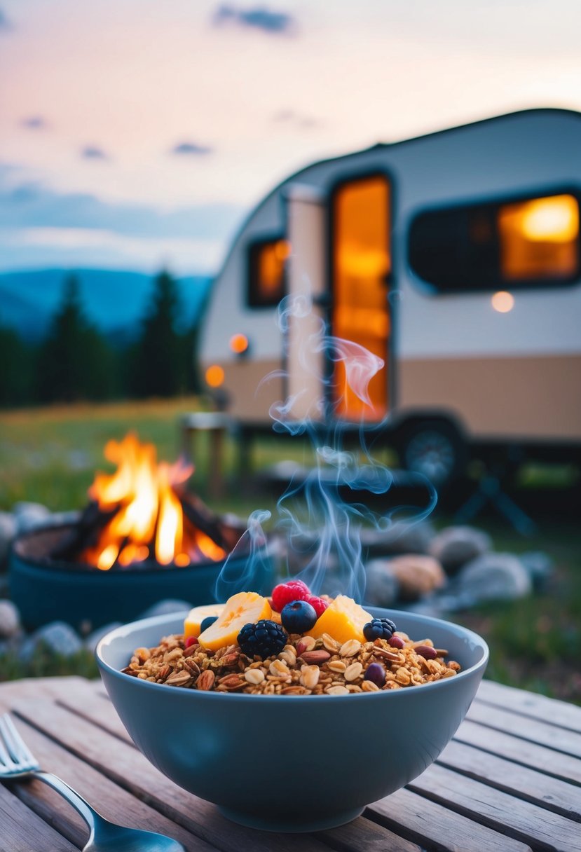 A steaming bowl of granola topped with fresh fruits and nuts, set against a backdrop of a cozy campsite with a crackling fire and a serene morning sky