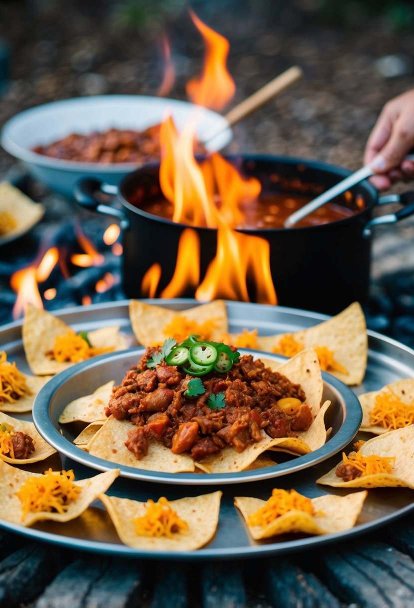 A campfire surrounded by chili nachos on a large metal tray, with a pot of chili simmering in the background