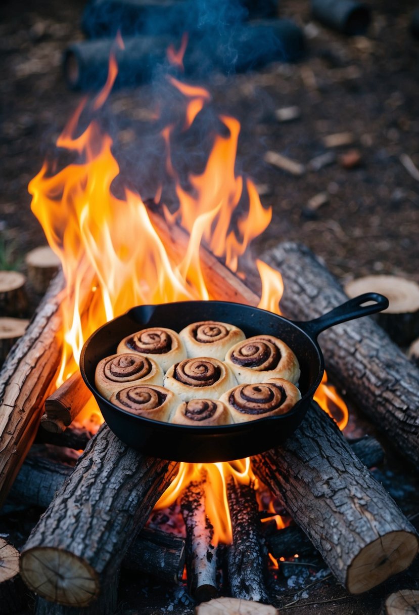 A campfire surrounded by logs, with a cast iron skillet filled with gooey cinnamon rolls cooking over the flames