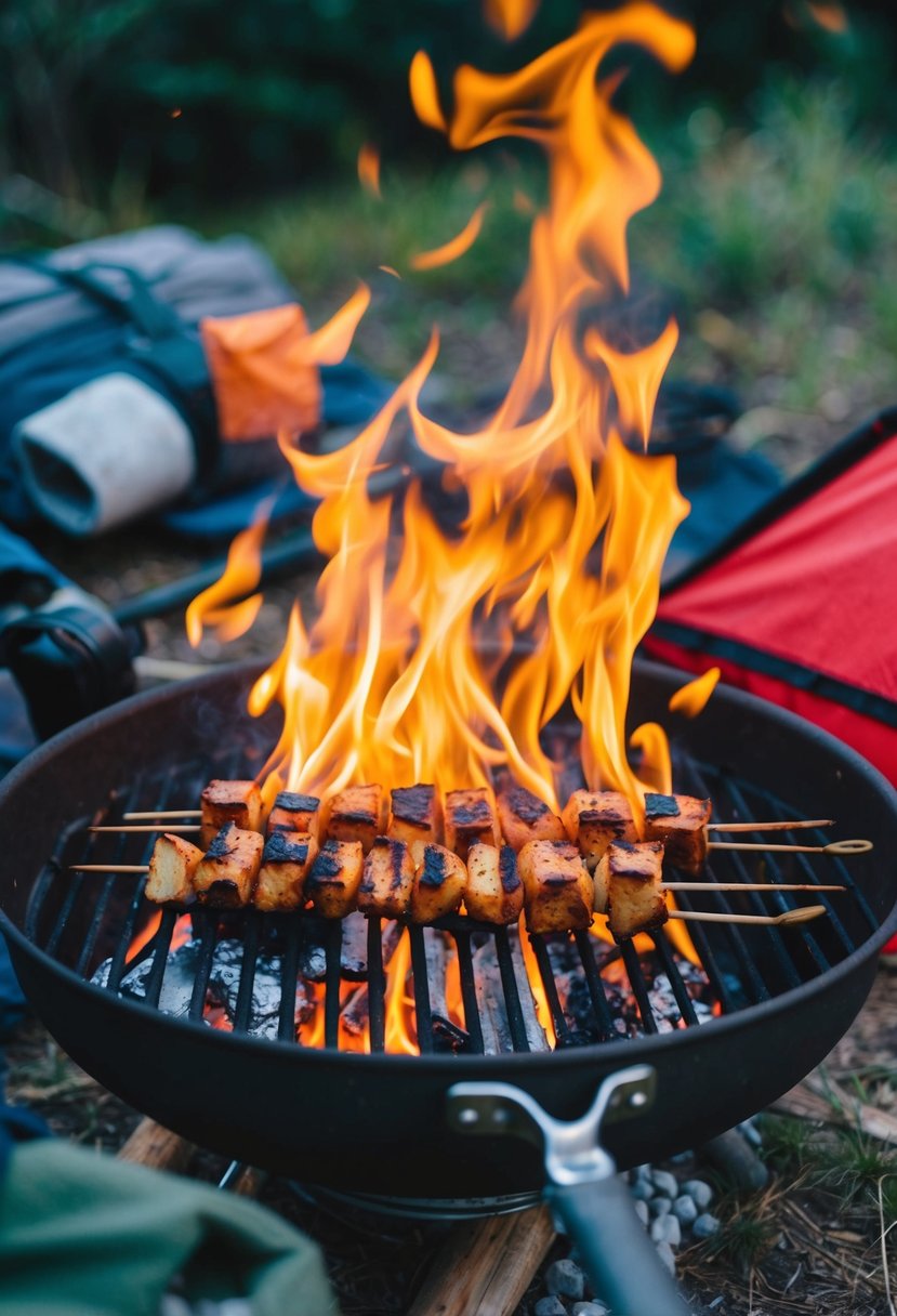 A campfire with skewers of grilled food, surrounded by camping gear and nature