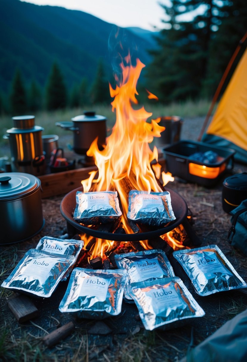 A campfire with foil-wrapped hobo dinner packets surrounded by camping gear and a scenic outdoor backdrop