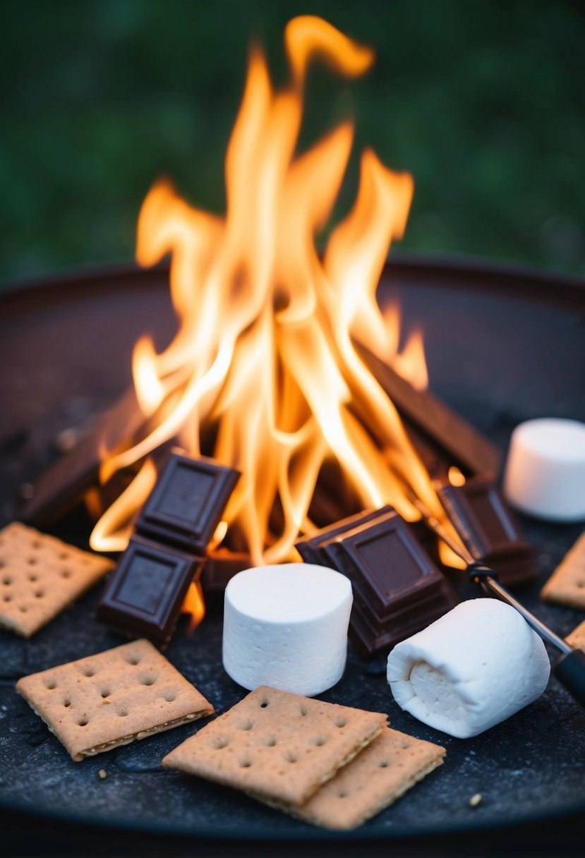 A campfire with marshmallows, chocolate, graham crackers, and a roasting stick