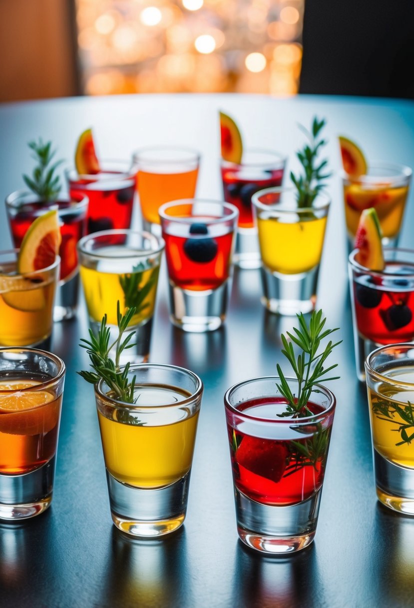 A table with various shot glasses filled with colorful liquids and garnished with fruit slices and herbs