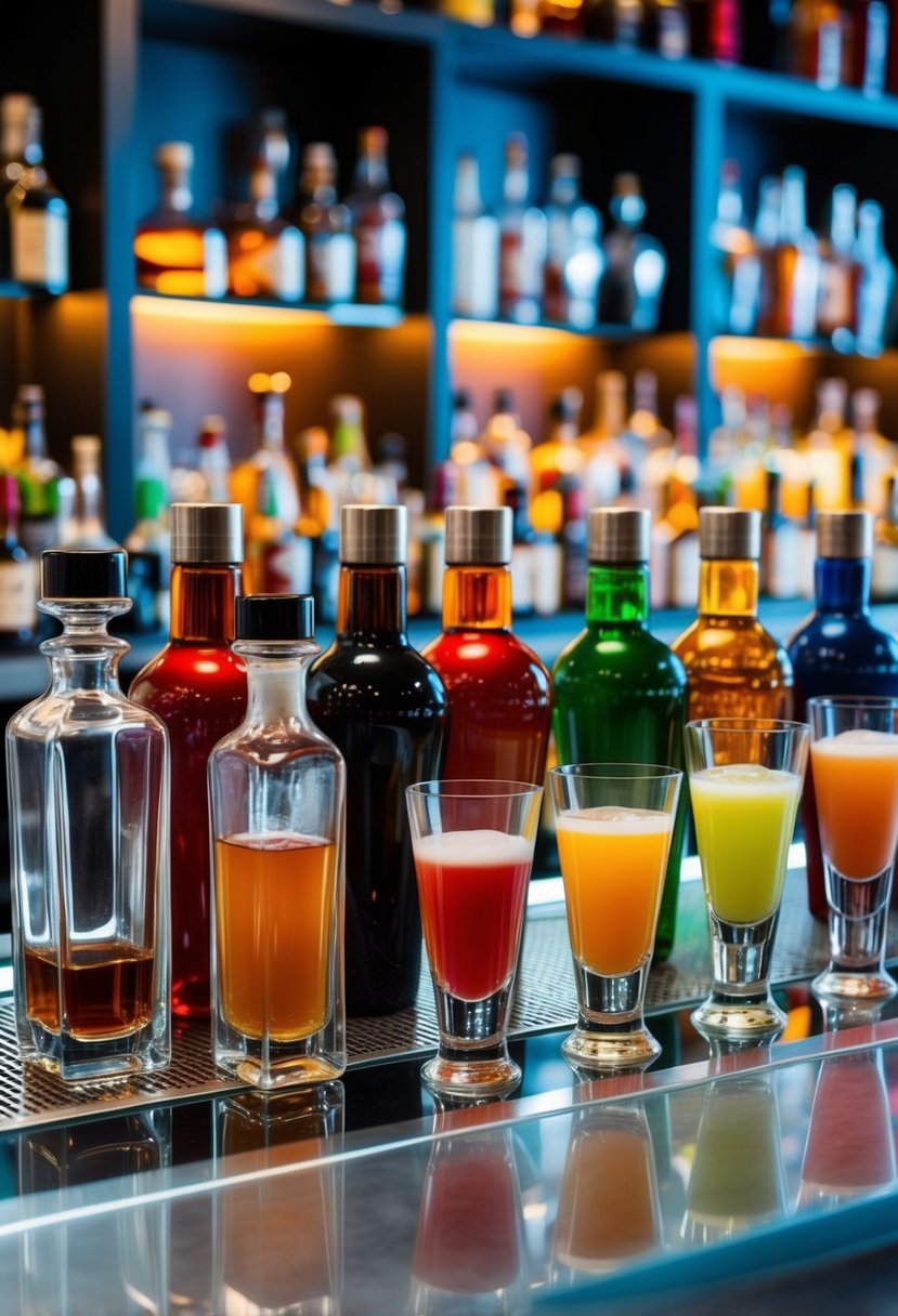 A colorful array of liquor bottles, shot glasses, and cocktail shakers on a sleek bar counter