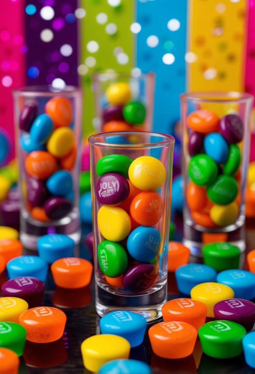 A colorful array of Jolly Rancher candies and shot glasses on a vibrant, party-themed background