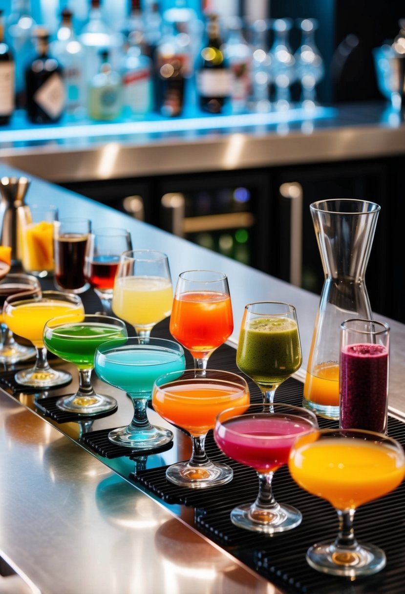 A colorful array of cocktail ingredients and glassware arranged on a sleek, modern bar counter