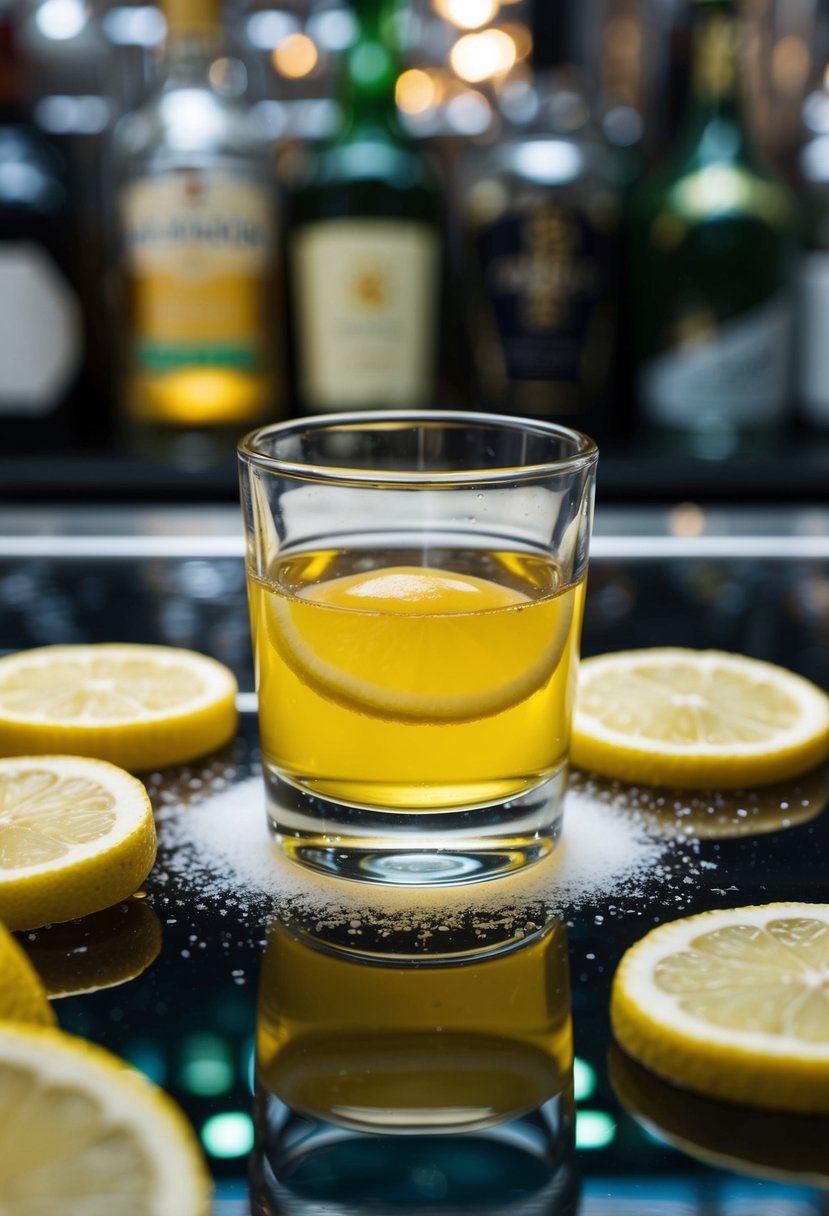 A small glass filled with a clear yellow liquid, surrounded by lemon slices and a sprinkle of sugar on a bar counter