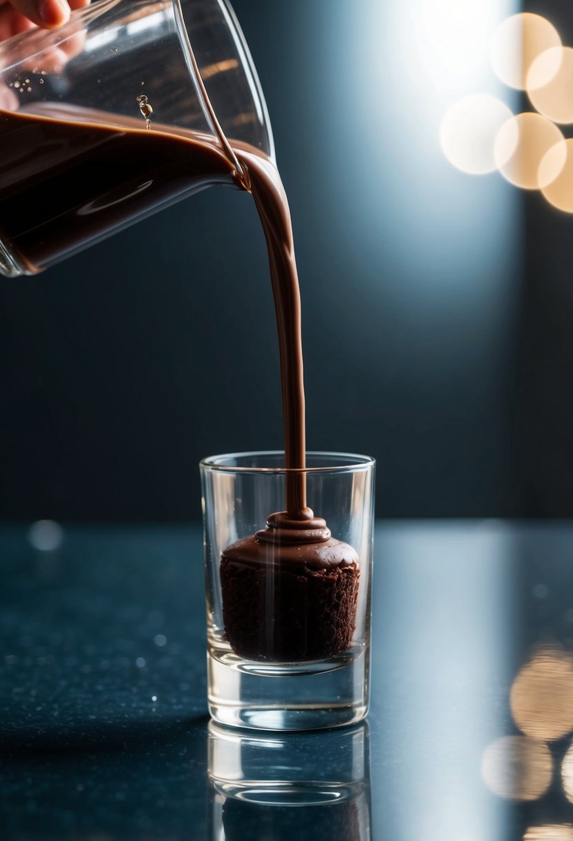 A chocolate cake shot being poured into a small glass on a dark, glossy surface