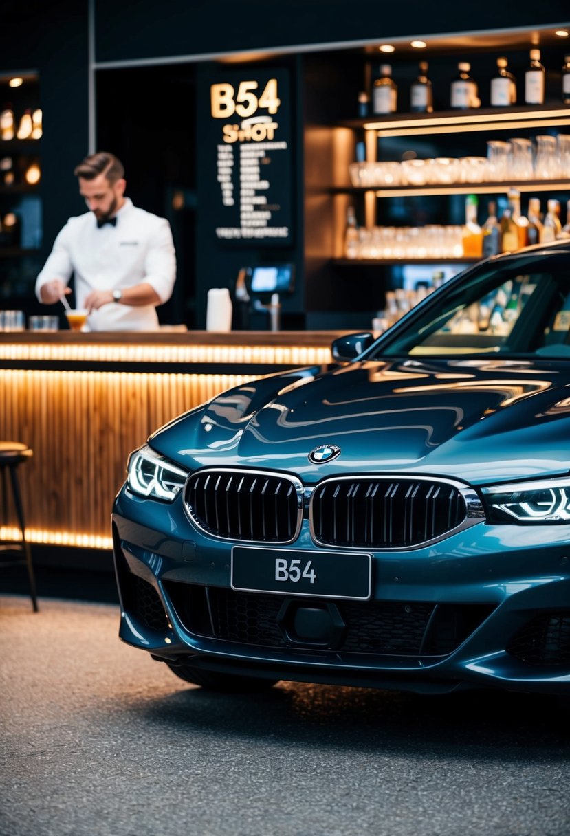 A sleek BMW parked in front of a bar, with a bartender crafting a B54 shot recipe behind the counter