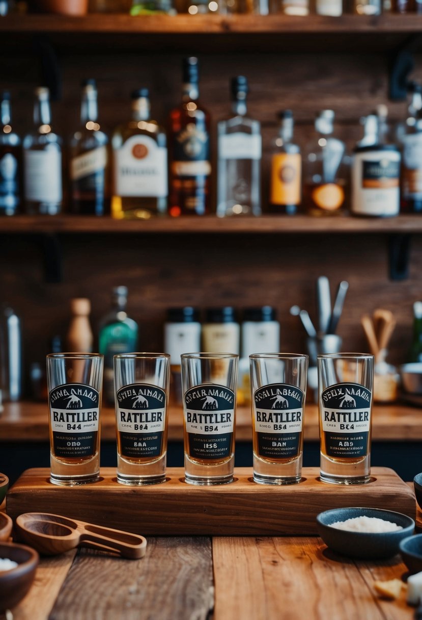 A rustic wooden bar with a row of Shenandoah Rattler b54 shot glasses, surrounded by various ingredients and mixing tools