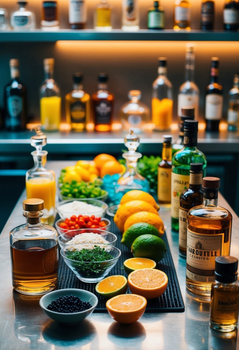 A colorful array of ingredients and glassware arranged on a bar counter, with fresh citrus fruits and bottles of alcohol