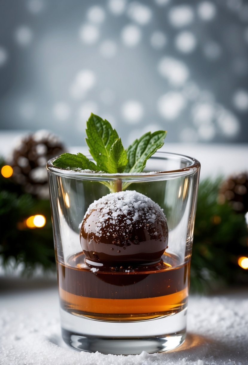 A festive shot glass filled with mint-chocolate brandy snowball b54, garnished with a sprinkle of powdered sugar and a mint leaf, set on a snowy backdrop