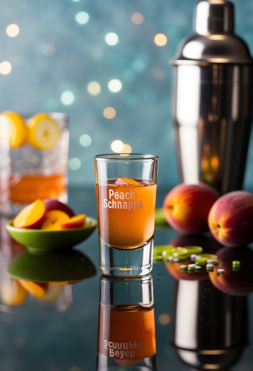 A small shot glass filled with peach schnapps sits on a reflective surface, surrounded by colorful cocktail ingredients and a shaker