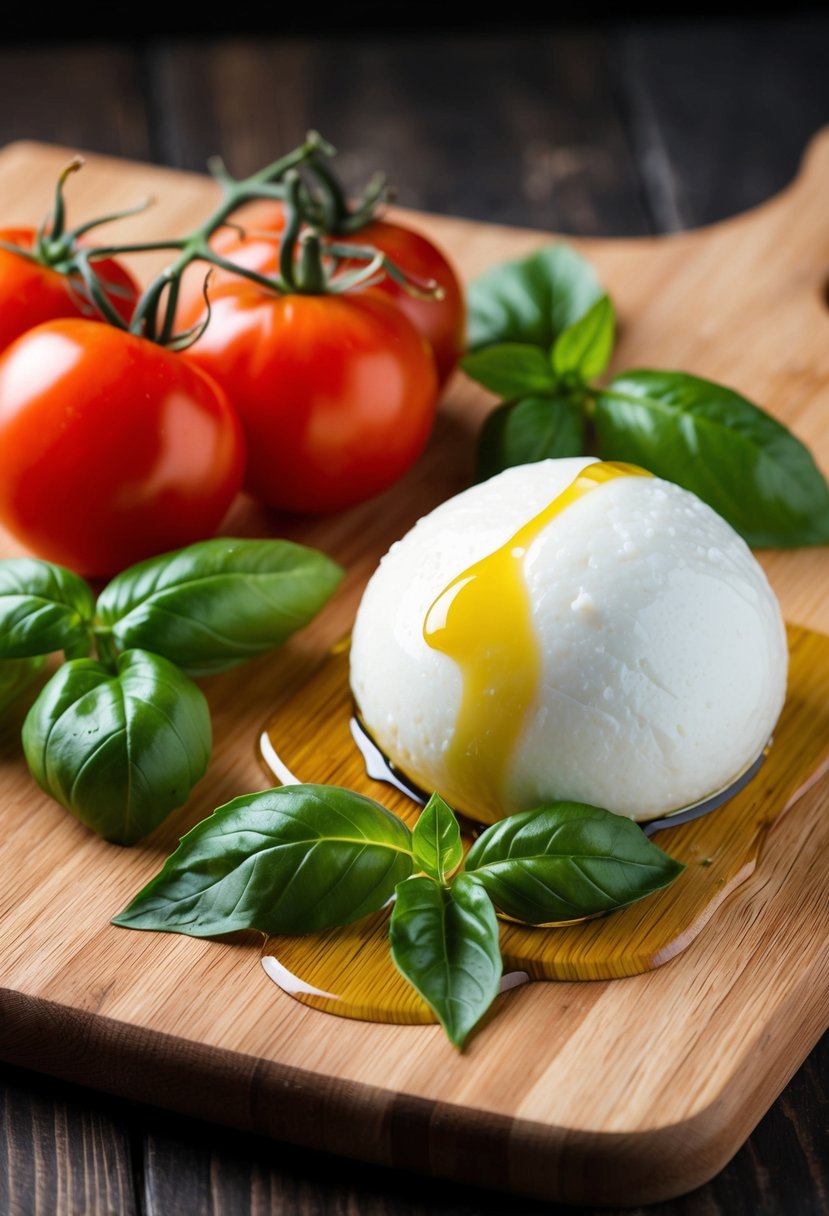 A wooden cutting board with fresh tomatoes, basil leaves, a ball of burrata cheese, and a drizzle of olive oil