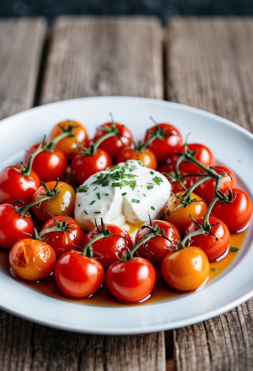 A platter of roasted cherry tomatoes with creamy burrata cheese