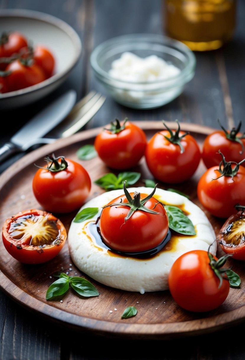 A creamy burrata cheese surrounded by balsamic-roasted tomatoes on a rustic wooden platter