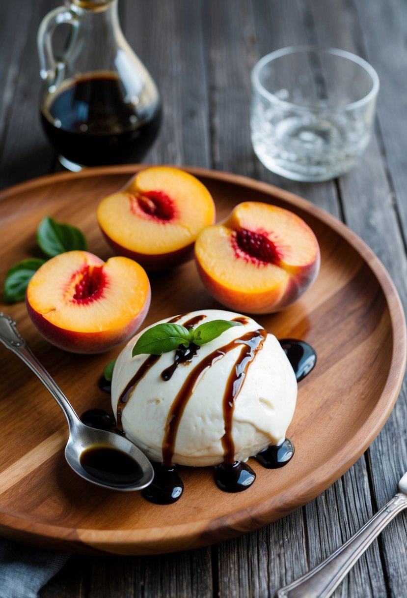 A wooden platter with creamy burrata, ripe peaches, and drizzled aged balsamic vinegar