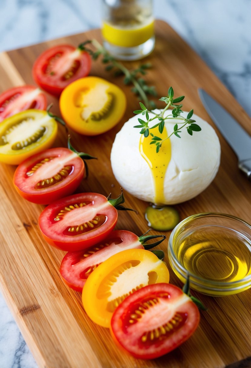 A wooden cutting board with sliced heirloom tomatoes, a ball of burrata cheese, and a drizzle of lemon-thyme oil