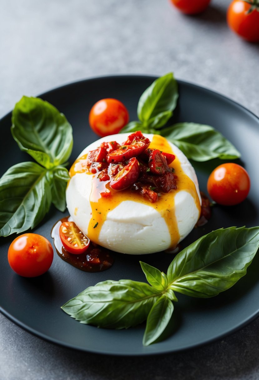 A plate of burrata cheese drizzled with sun-dried tomato vinaigrette, surrounded by fresh basil leaves and cherry tomatoes