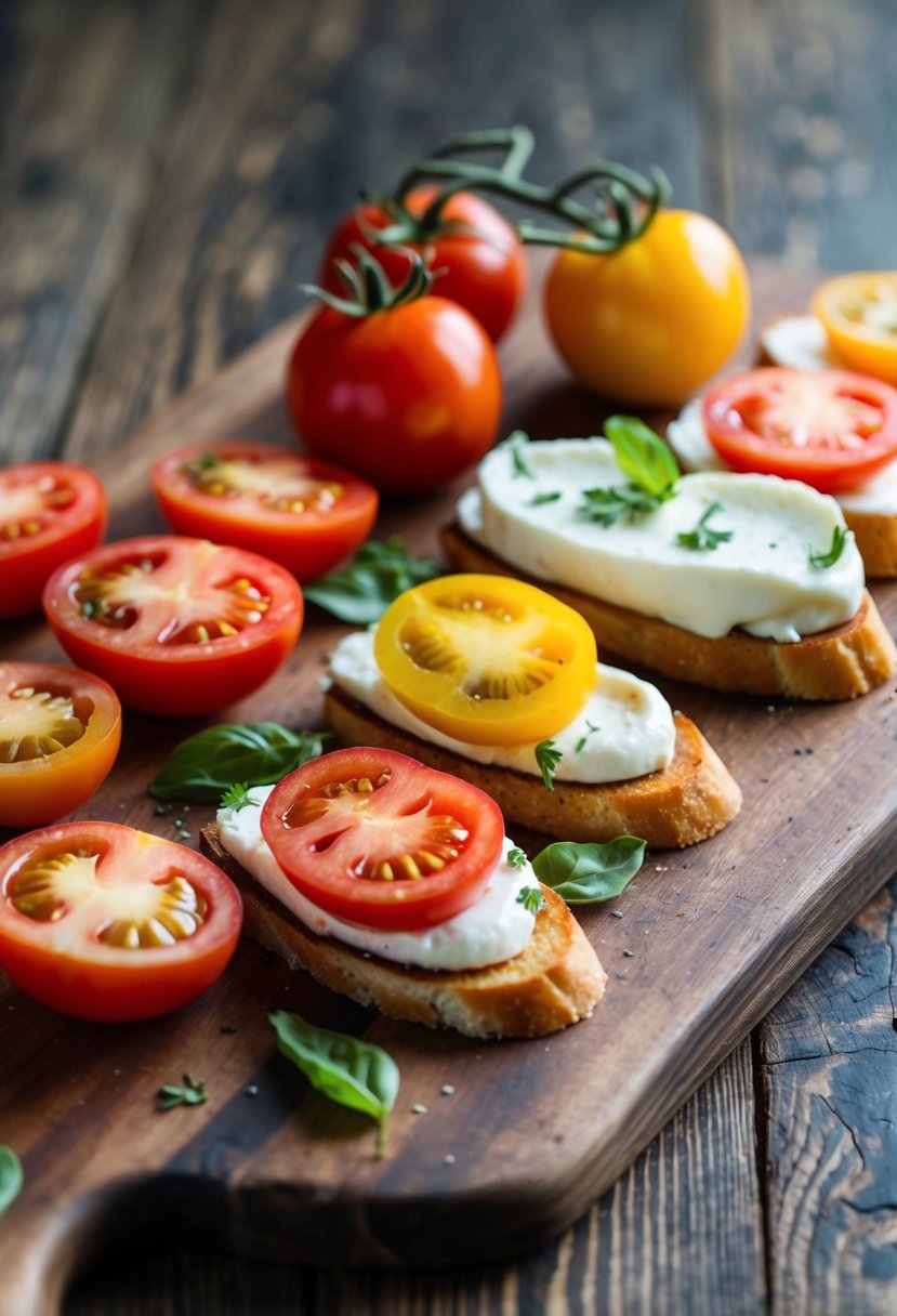 A rustic wooden cutting board topped with sliced red and golden tomatoes, creamy burrata cheese, and crispy bruschetta