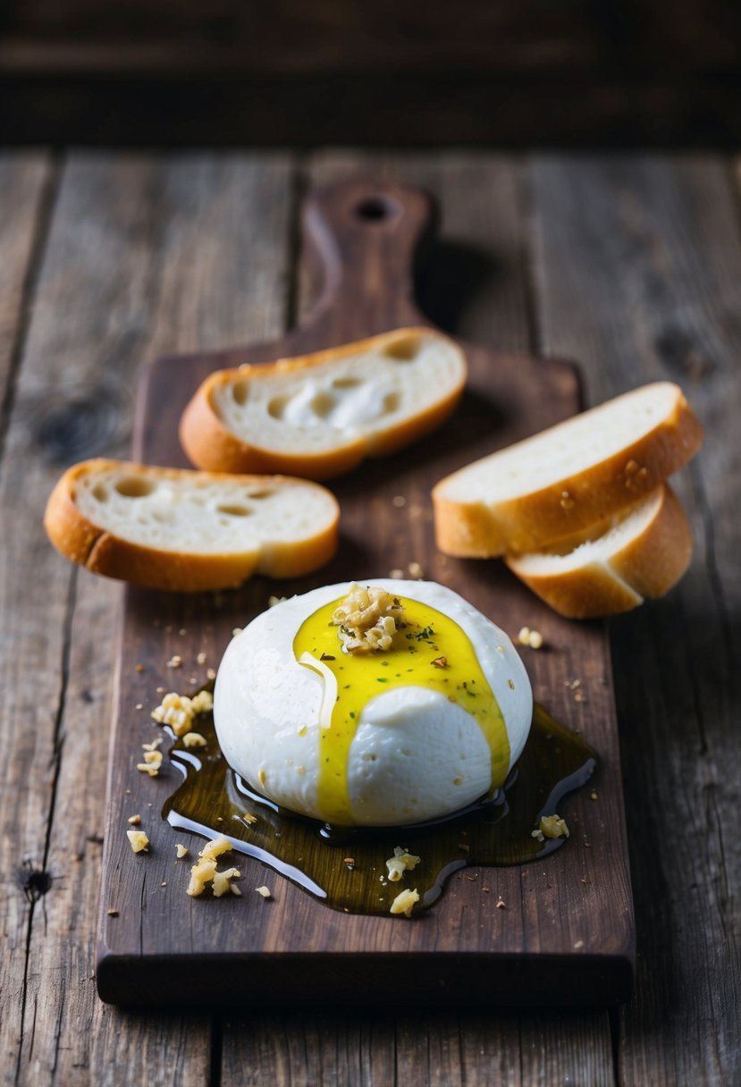 A rustic wooden board holds a creamy burrata cheese drizzled with garlic-infused oil, surrounded by slices of crispy baguette