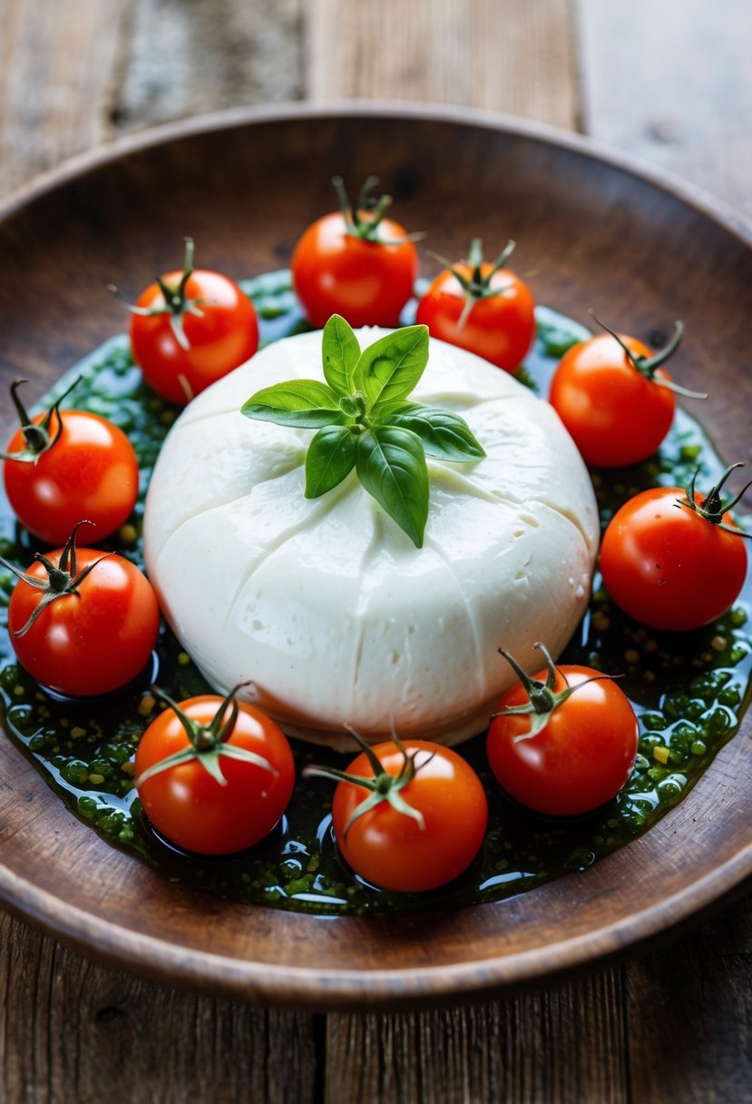 A creamy burrata cheese surrounded by vibrant marinated cherry tomatoes on a rustic wooden platter