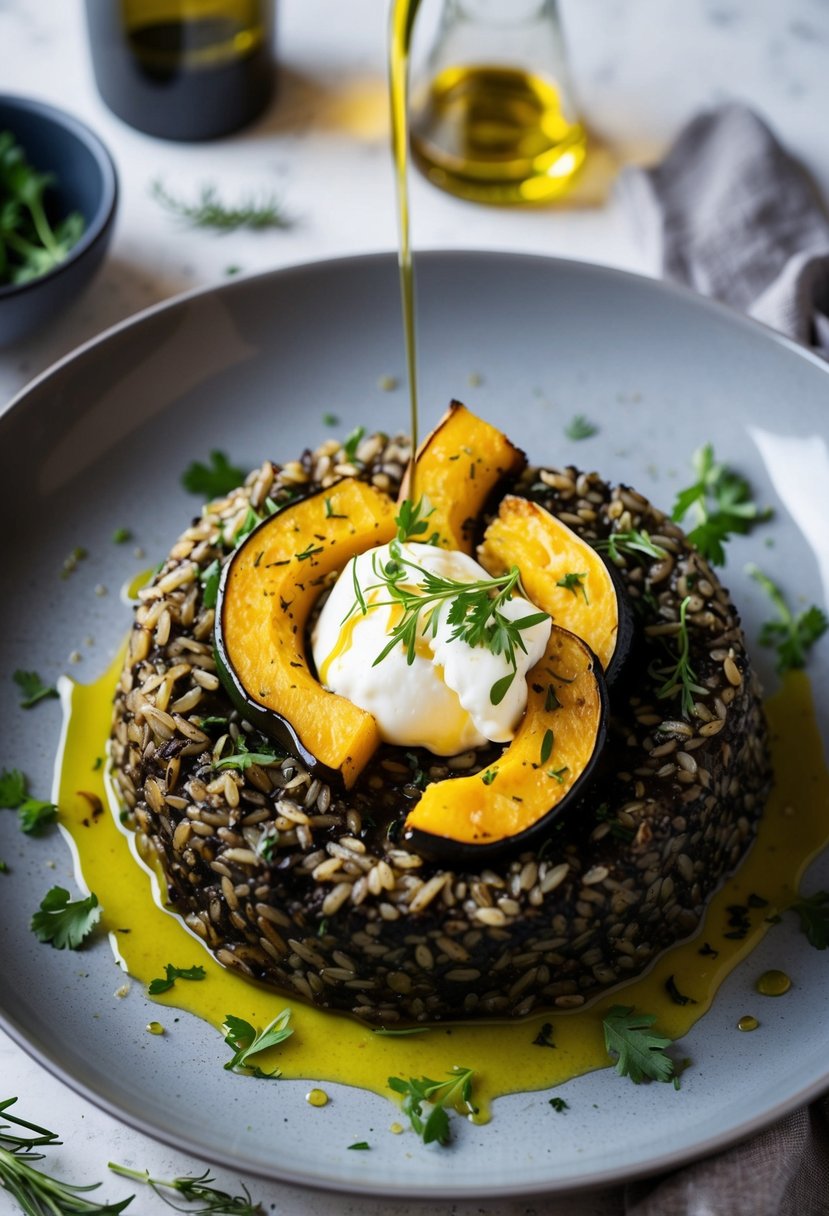 A steaming plate of risotto nero topped with roasted squash and creamy burrata, surrounded by fresh herbs and drizzled with olive oil