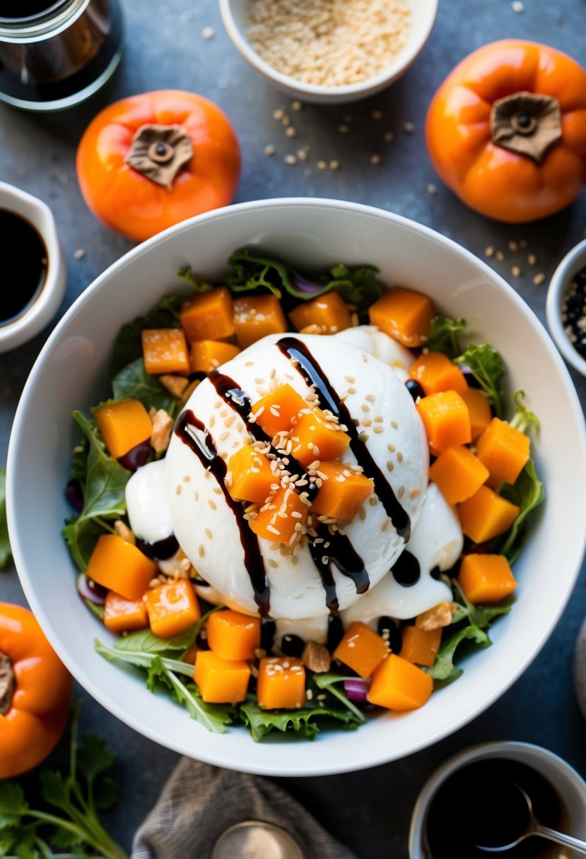 A vibrant bowl of persimmon and burrata salad topped with sesame candy, surrounded by fresh ingredients and a drizzle of balsamic glaze