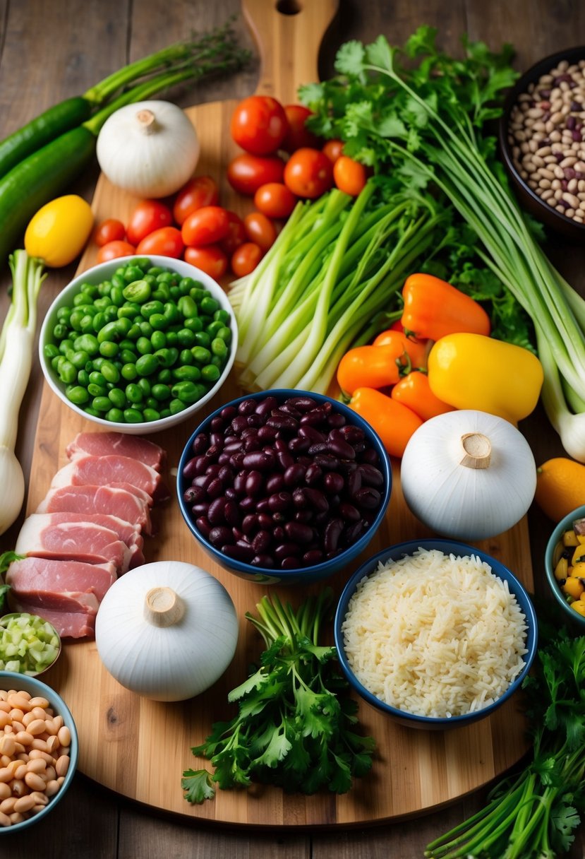 A colorful array of fresh ingredients, including beans, rice, vegetables, and various meats, spread out on a wooden cutting board