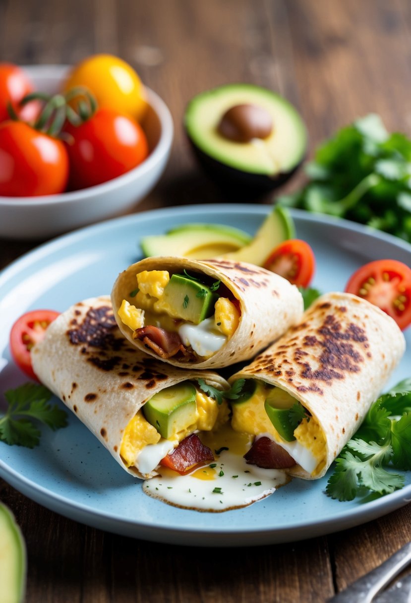 A sizzling breakfast burrito, filled with fluffy eggs and crispy bacon, sits on a plate surrounded by colorful ingredients like tomatoes, avocados, and cilantro