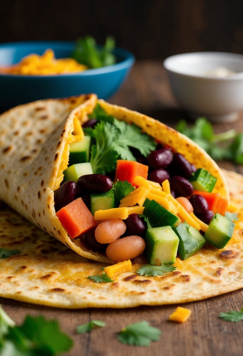 A colorful array of fresh vegetables, beans, and cheese spilling out of a warm, golden tortilla