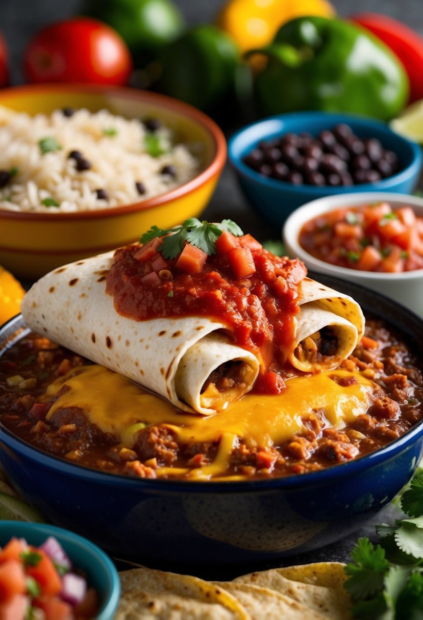 A sizzling wet burrito topped with red enchilada sauce and melted cheese, surrounded by colorful Mexican ingredients like beans, rice, and salsa