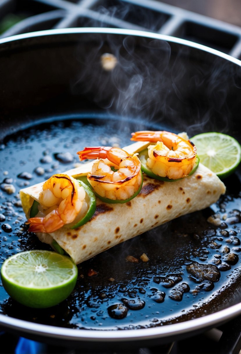 A sizzling shrimp burrito being grilled with lime slices on a hot pan