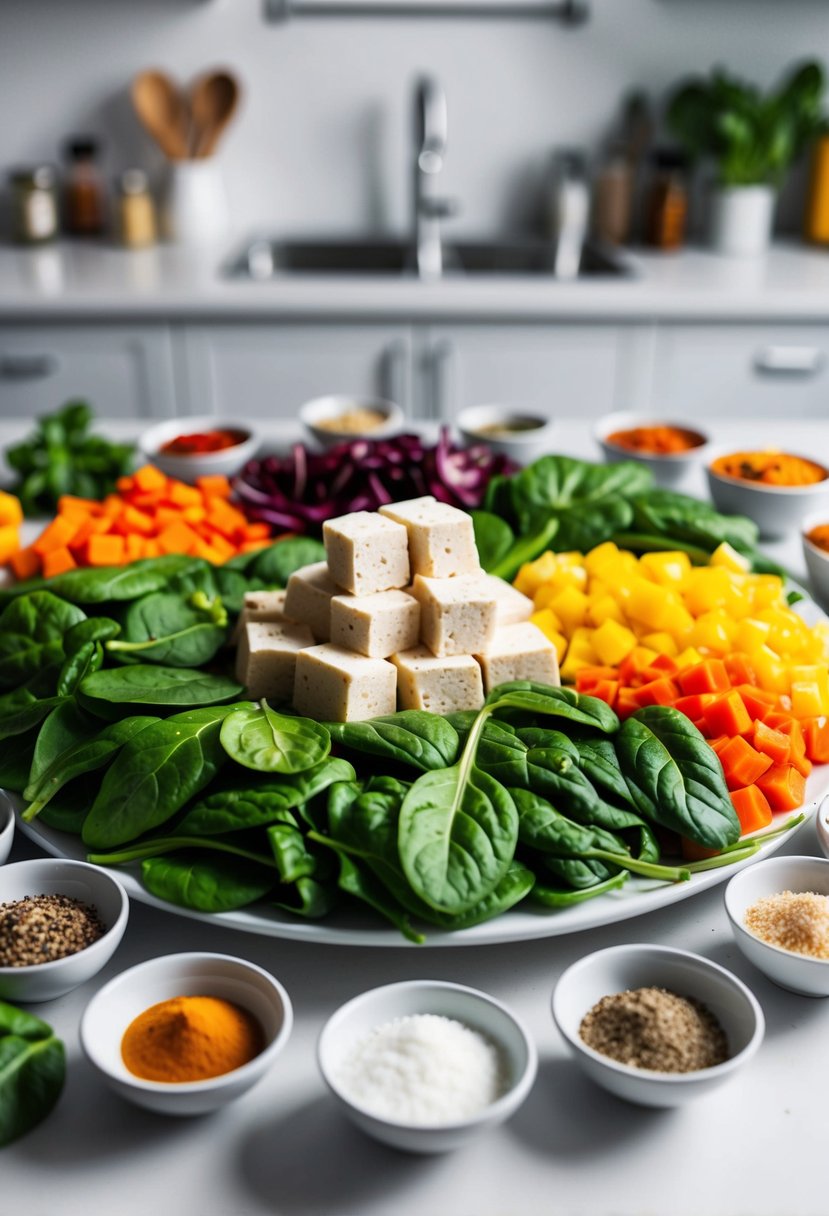 A colorful spread of fresh spinach, diced tofu, and vibrant vegetables arranged on a clean countertop, surrounded by an assortment of spices and seasonings