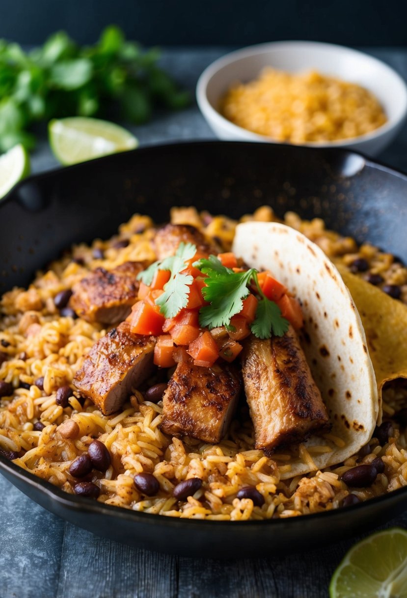 A sizzling skillet of pork carnitas, rice, beans, and salsa, wrapped in a warm tortilla