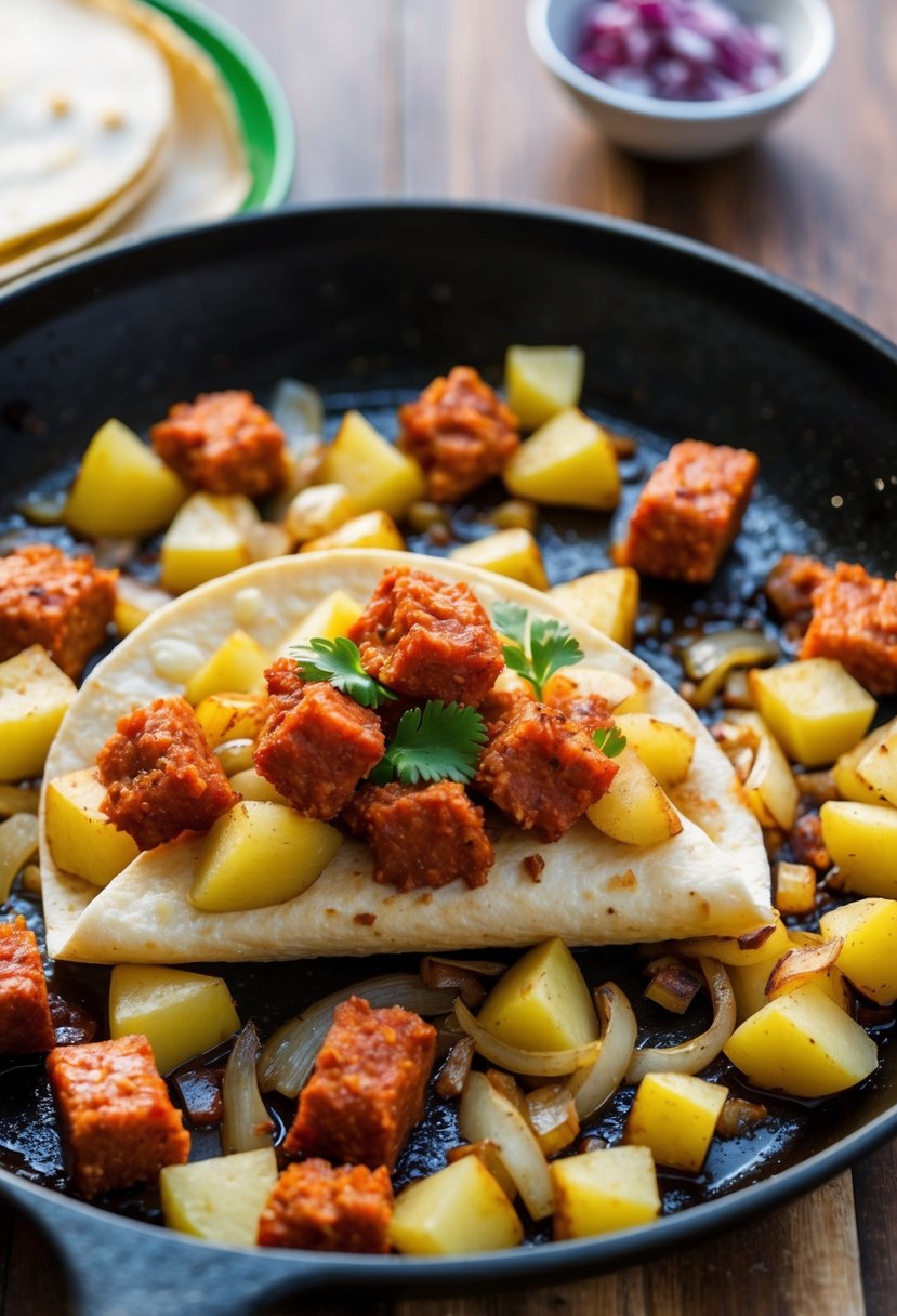 A sizzling skillet with chunks of chorizo, diced potatoes, and sizzling onions, ready to be wrapped in a warm tortilla