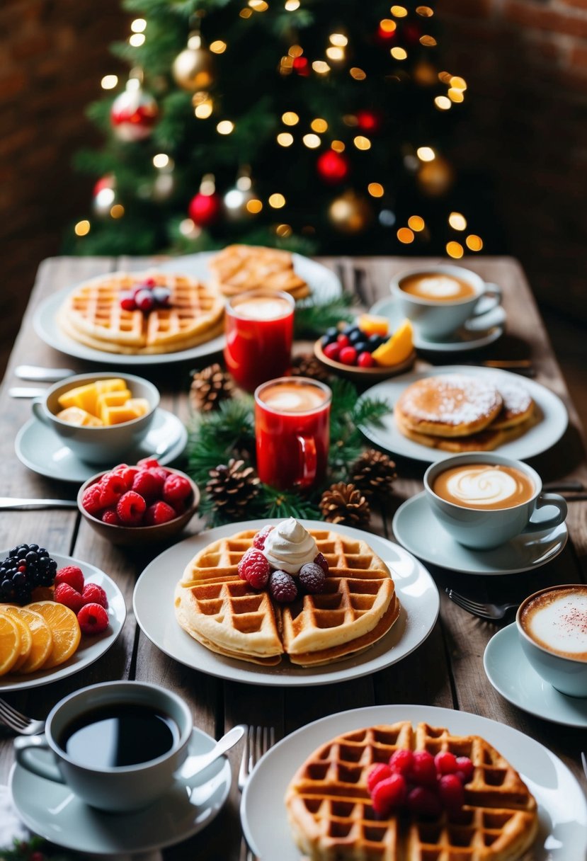 A festive table set with a variety of delicious Christmas breakfast dishes, including pancakes, waffles, fruit, pastries, and hot drinks