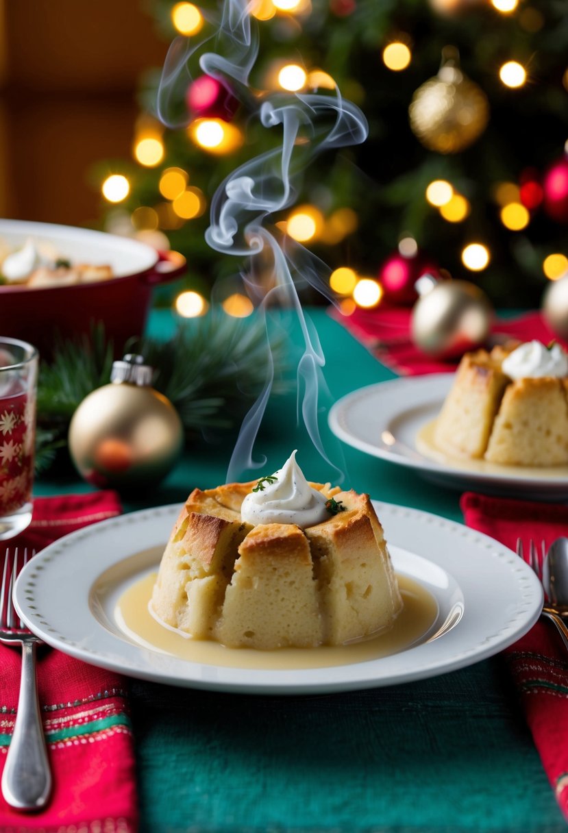 A festive table set with a steaming dish of eggnog bread pudding, surrounded by holiday decorations and warm lighting