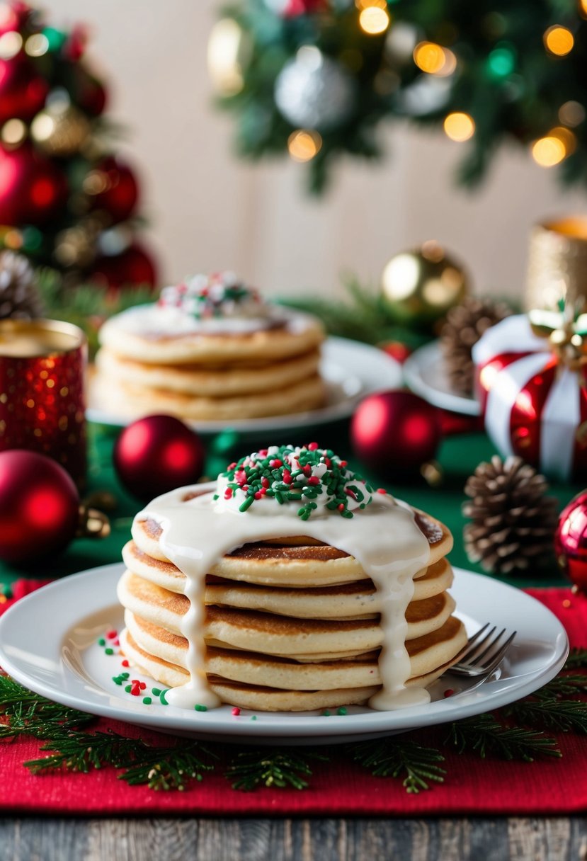 A festive table set with cinnamon roll pancakes, topped with icing and sprinkles, surrounded by holiday decorations