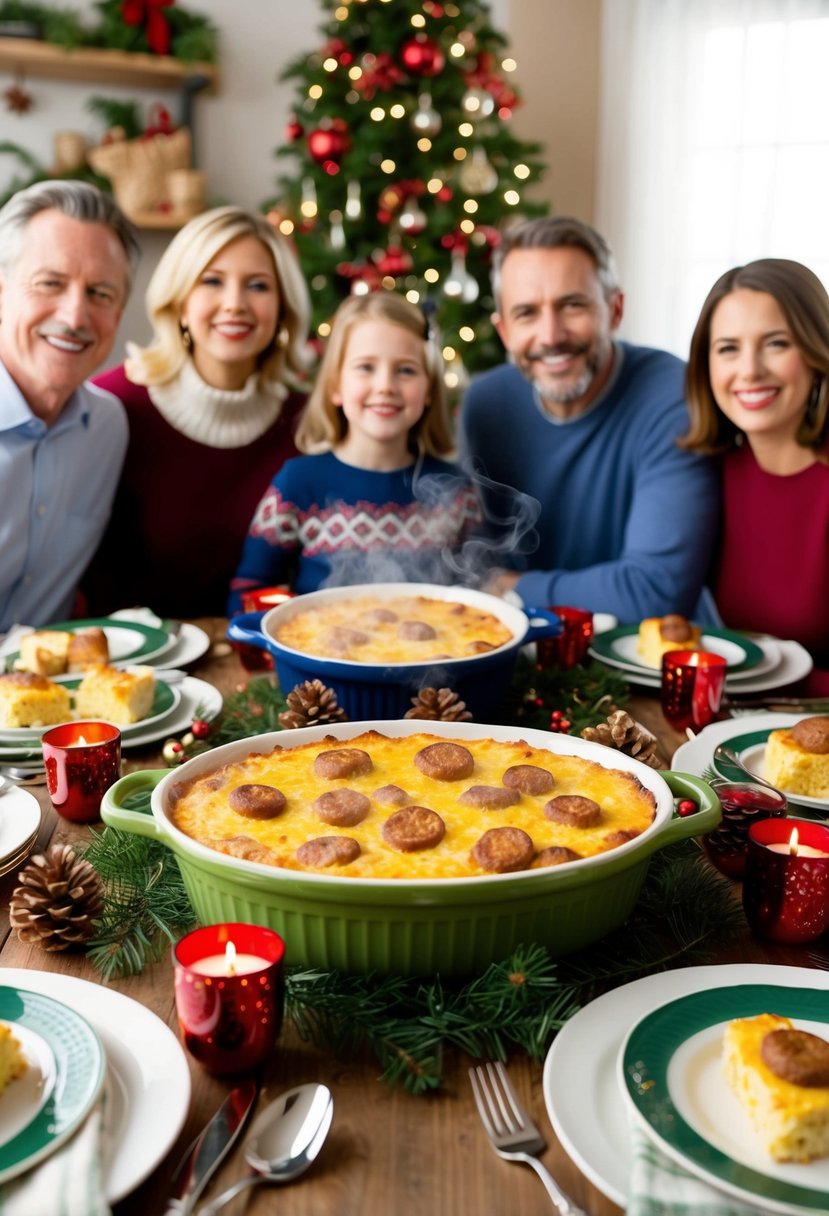 A festive table set with a steaming sausage breakfast casserole, adorned with holiday decorations and surrounded by cheerful family members