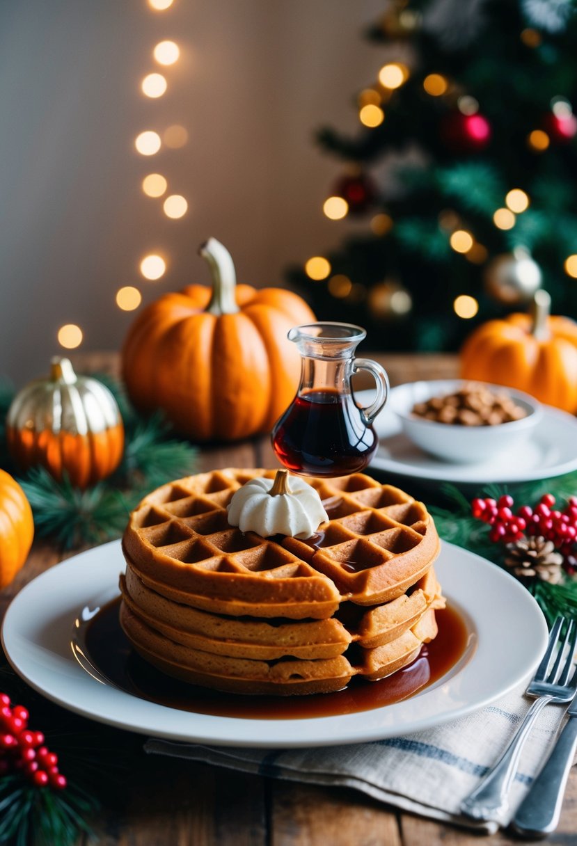 A festive table set with pumpkin spice waffles, syrup, and holiday decorations